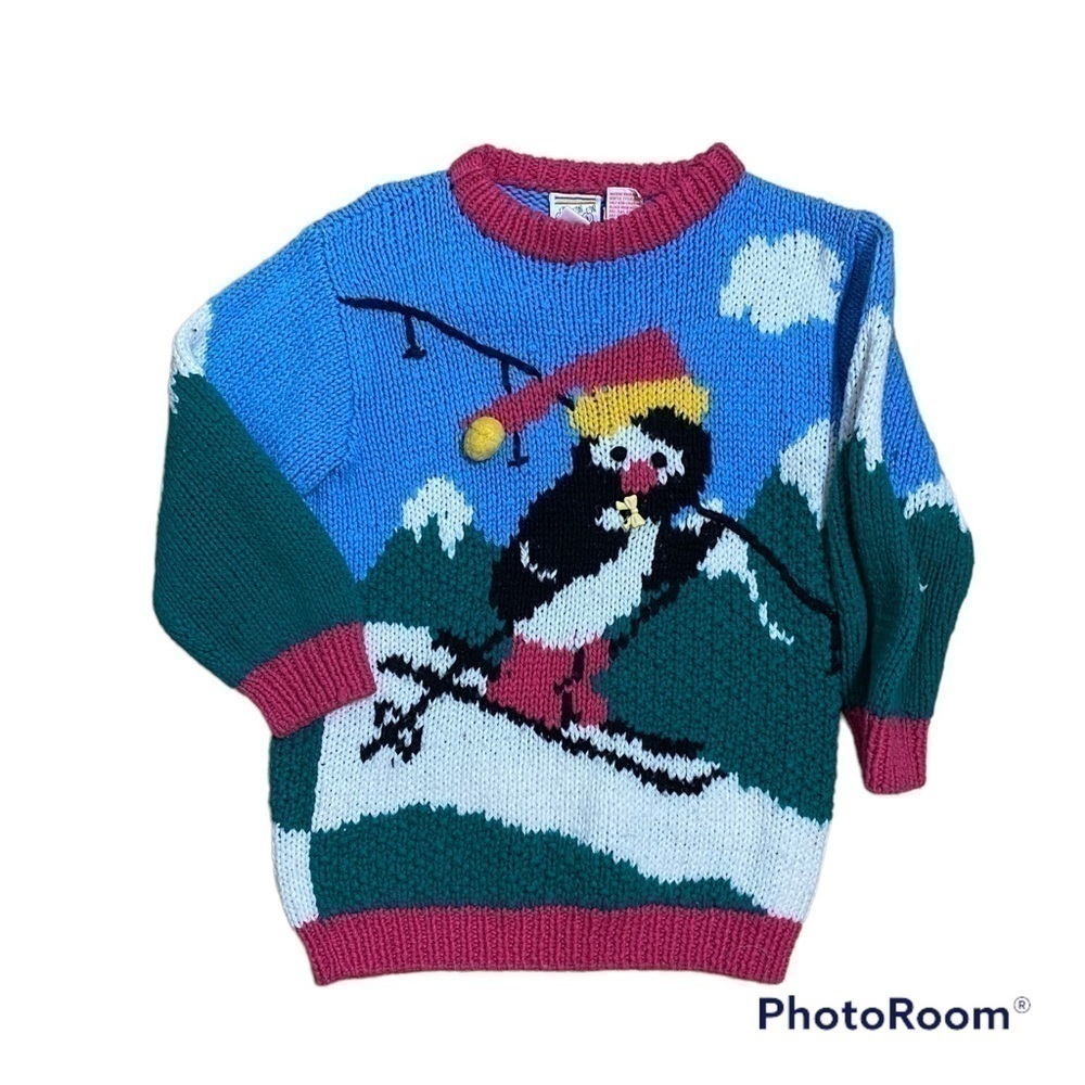 Vintage Hand Knit Ski Penguin Kids Sweater Medium Rainbow Creek Colorful